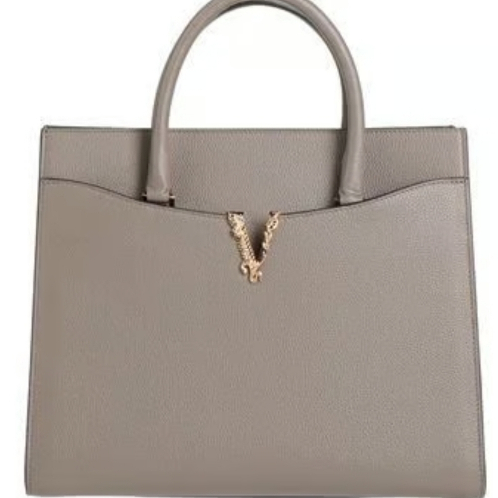 NEW VERSACE Virtus Bag in Taupe Grained Calfskin Leather